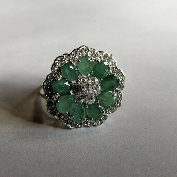 STIRLING SILVER EMERALD RING CUSTOM FLOWER - Picture 1 of 10